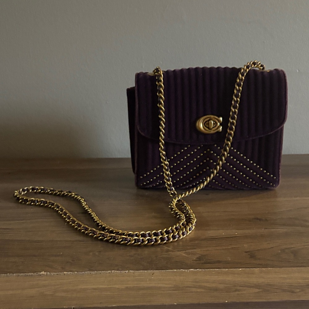 Coach Purple Velvet Quilted Crossbody with Gold Chain - Picture 2 of 12